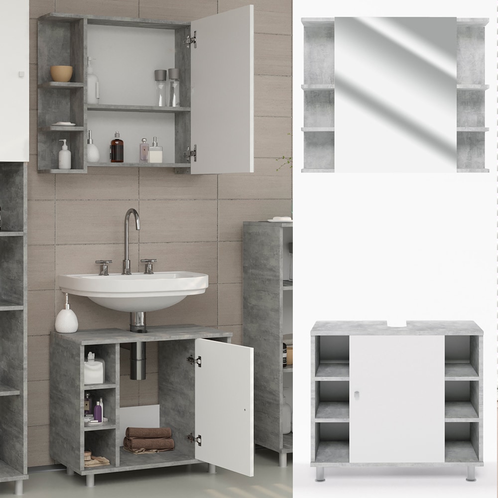Vicco Badm&ouml;bel Set Fynn Badezimmer Spiegel Kommode Unterschrank  Grau Beton - Bild 1