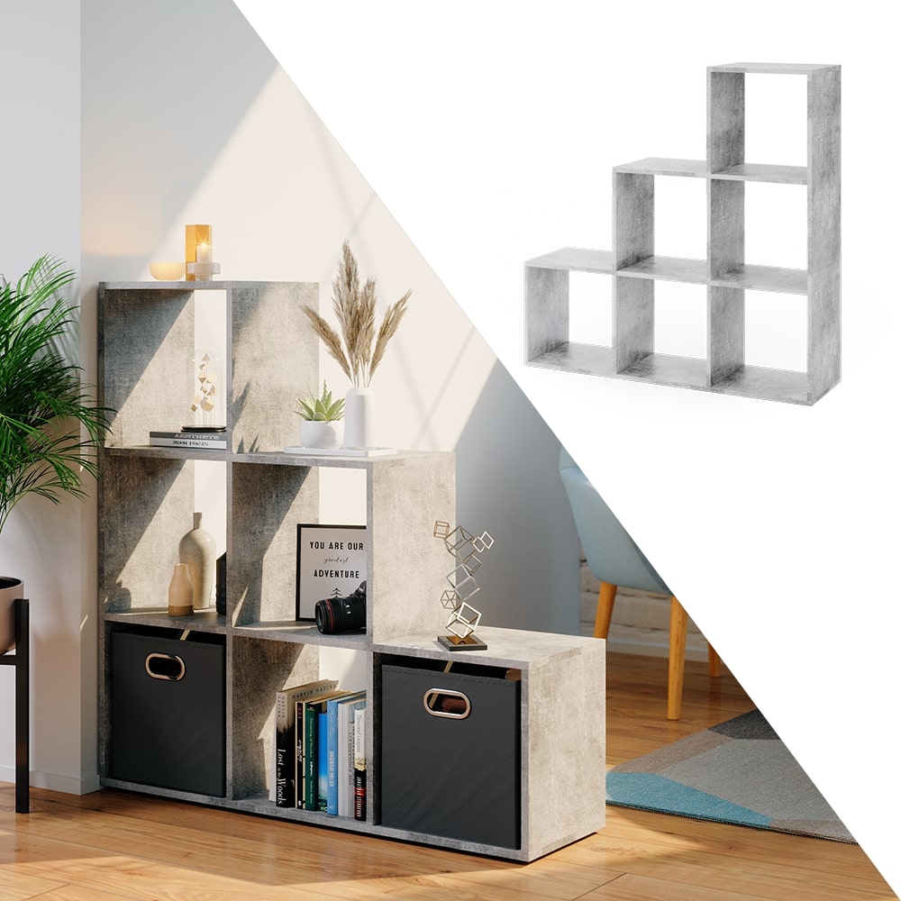 VICCO Treppenregal 6 F&auml;cher Grau Beton - Raumteiler Stufe B&uuml;cherregal Aktenregal - Bild 1