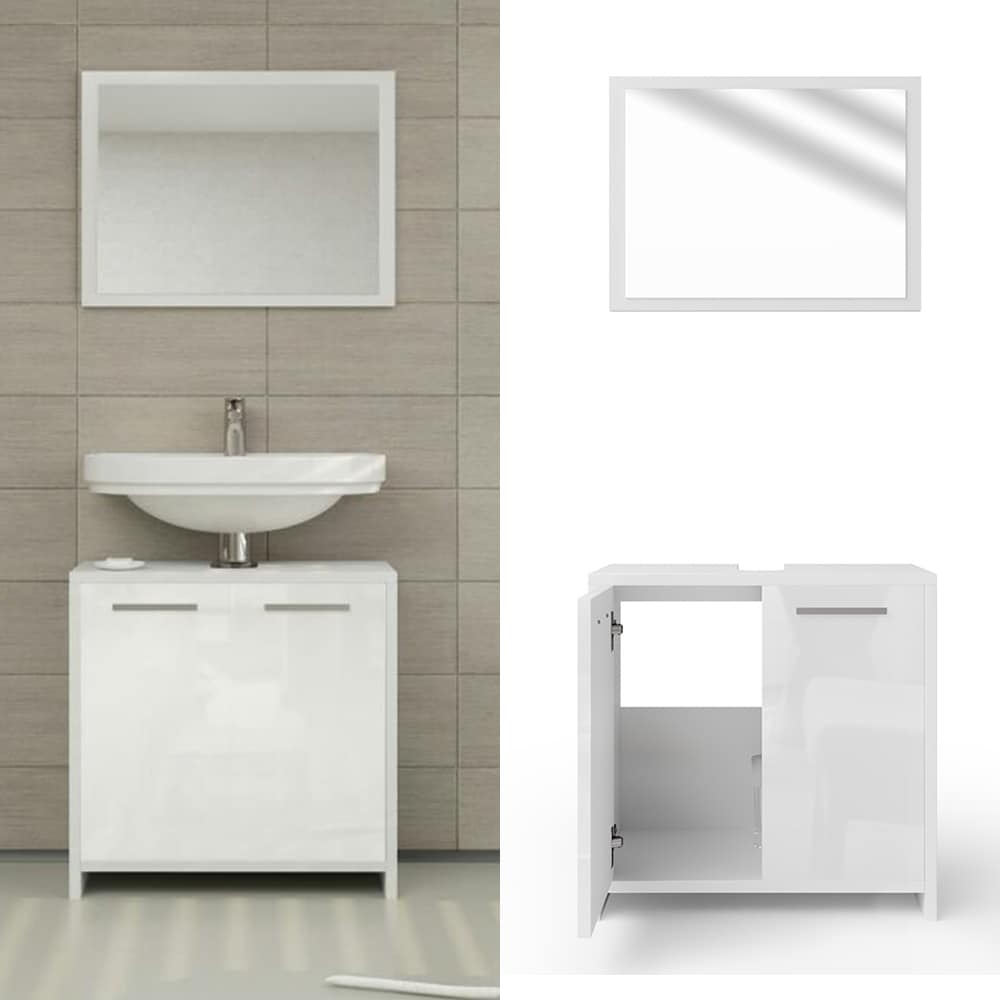 Vicco Badm&ouml;bel Set Kiko Badezimmer Spiegel Kommode Unterschrank Wei&szlig; /  Wei&szlig; Hochglanz - Bild 1