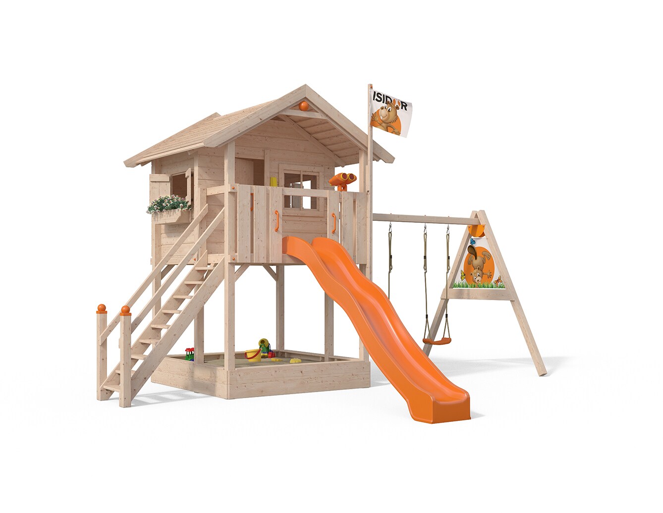 Oskar Spielturm Fridolino Baumhaus Rutsche orange Sandkasten Schaukelanbau - Bild 1