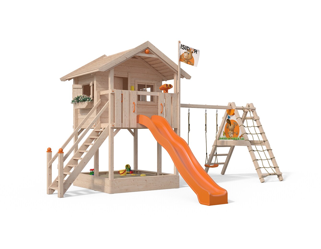 Oskar Spielturm Fridolino Baumhaus Rutsche orange Sandkasten erweiterter Schaukelanbau - Bild 1