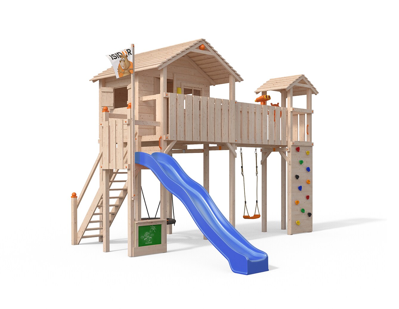 Oskar Spielturm Ponticulus Baumhaus Rutsche blau Turm Kletterwand Nestschaukel - Bild 1