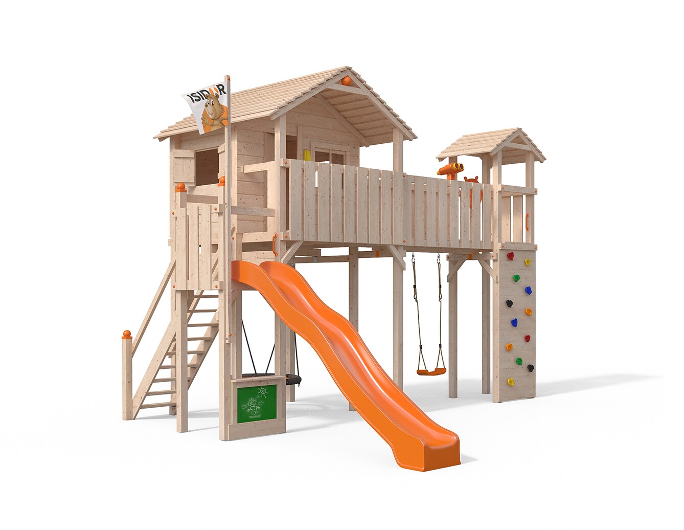 Oskar Spielturm Ponticulus Baumhaus Rutsche orange Turm Kletterwand Nestschaukel - Bild 1