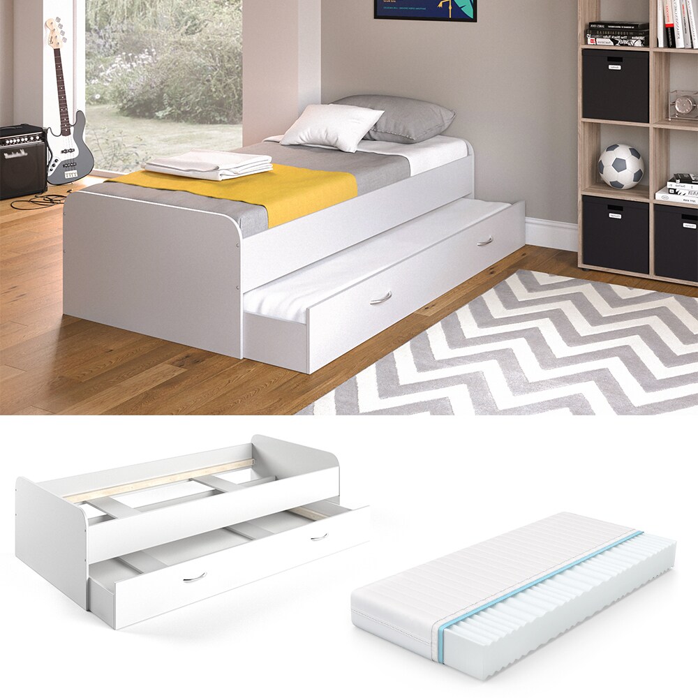 VitaliSpa Bett Enzo Jugendbett mit Gästeliege Funktionsbett 90×200 cm Weiß + Matratze | 04251421920224