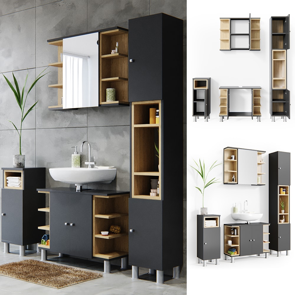 Vicco Badm&ouml;bel Set Aquis Bad Spiegel Waschtischunterschrank Badschrank Anthrazit - Bild 1