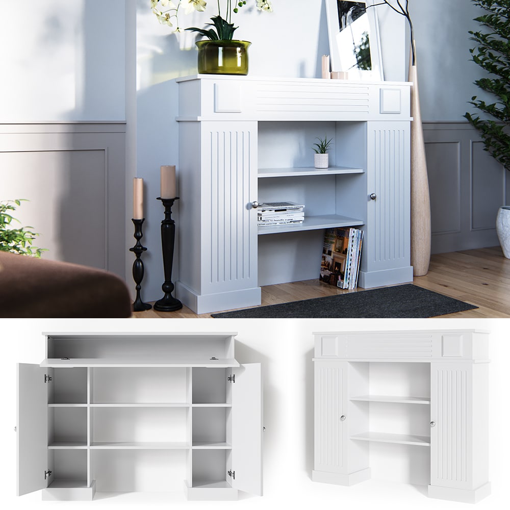 Kaminumrandung im Landhaus Stil mit T&uuml;r Umbau Rahmen Konsole 119,5x103 cm Wei&szlig; - Bild 1