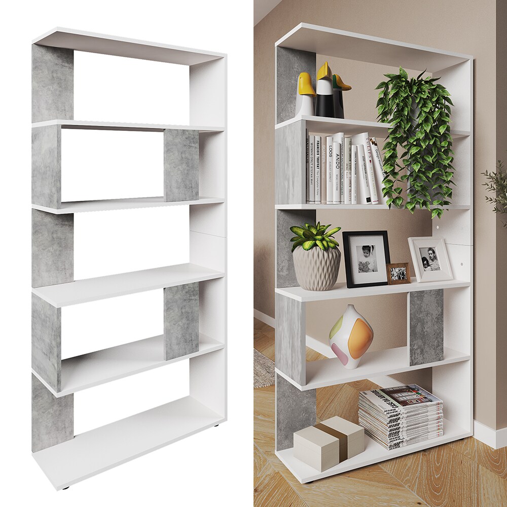 Vicco Raumteiler B&uuml;cherregal Standregal B&uuml;roregal Regal 5 F&auml;cher Wei&szlig; Beton - Bild 1