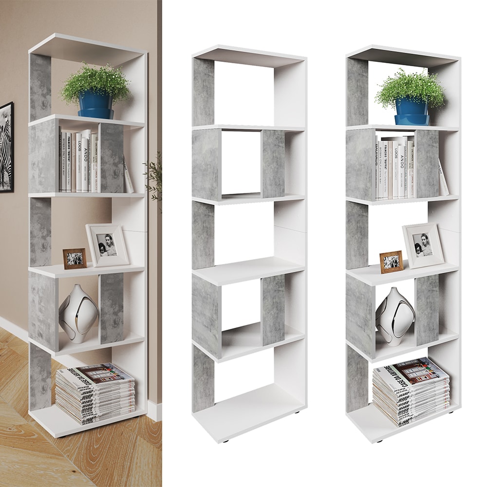 Vicco Raumteiler B&uuml;cherregal Standregal B&uuml;roregal Regal 5 F&auml;cher Wei&szlig; Beton - Bild 1