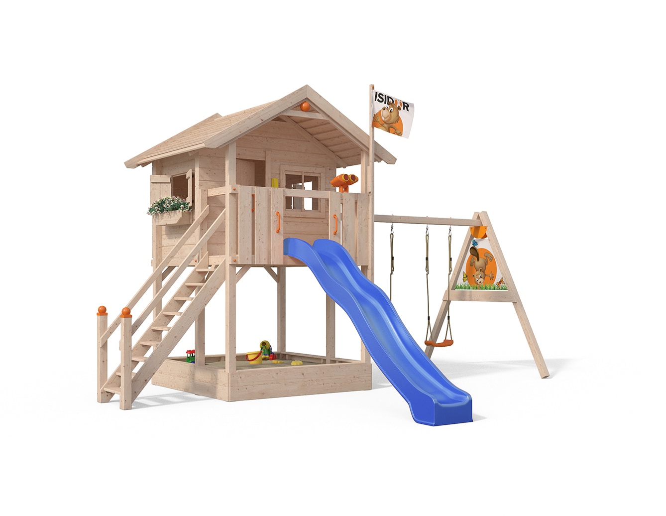 Oskar Spielturm Fridolino Baumhaus Rutsche blau Sandkasten Schaukelanbau - Bild 1
