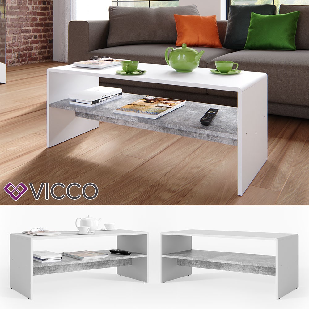 VICCO Couchtisch Wei&szlig; Beton Optik Wohnzimmer Sofatisch Kaffeetisch Tisch - Bild 1