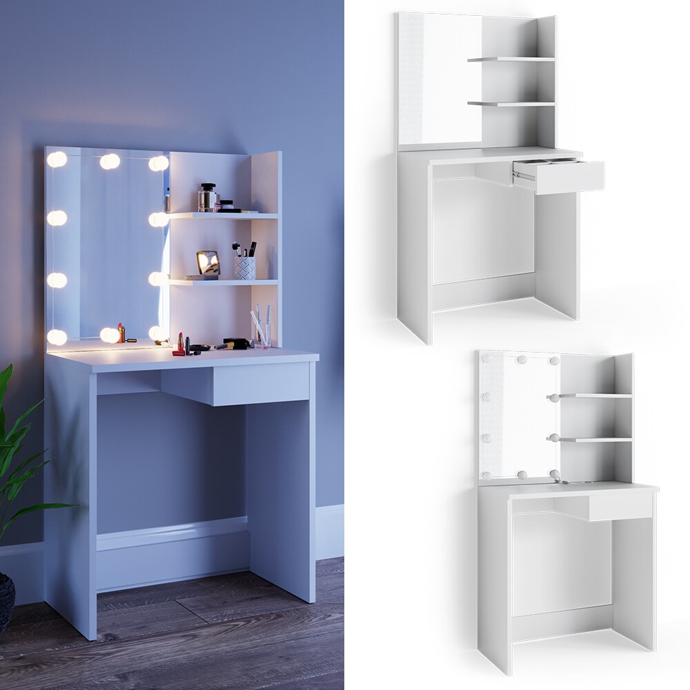 Vicco Schminktisch Dekos Kosmetiktisch Frisierkommode Frisiertisch Spiegel Wei&szlig; inklusive LED-Lichterkette - Bild 1