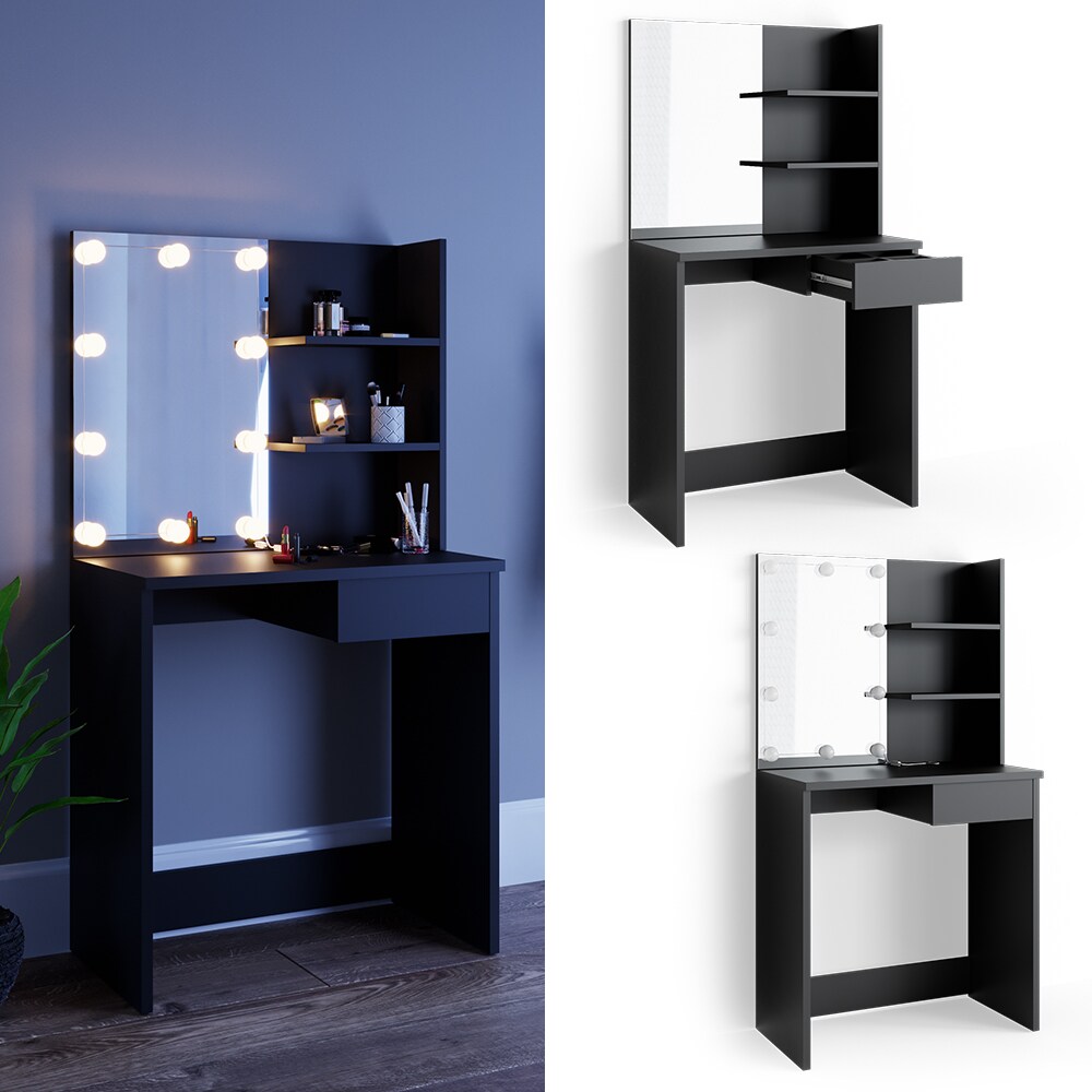 Vicco Schminktisch Dekos Frisiertisch Kommode Frisierkommode Spiegel Schwarz inklusive LED-Lichterkette - Bild 1
