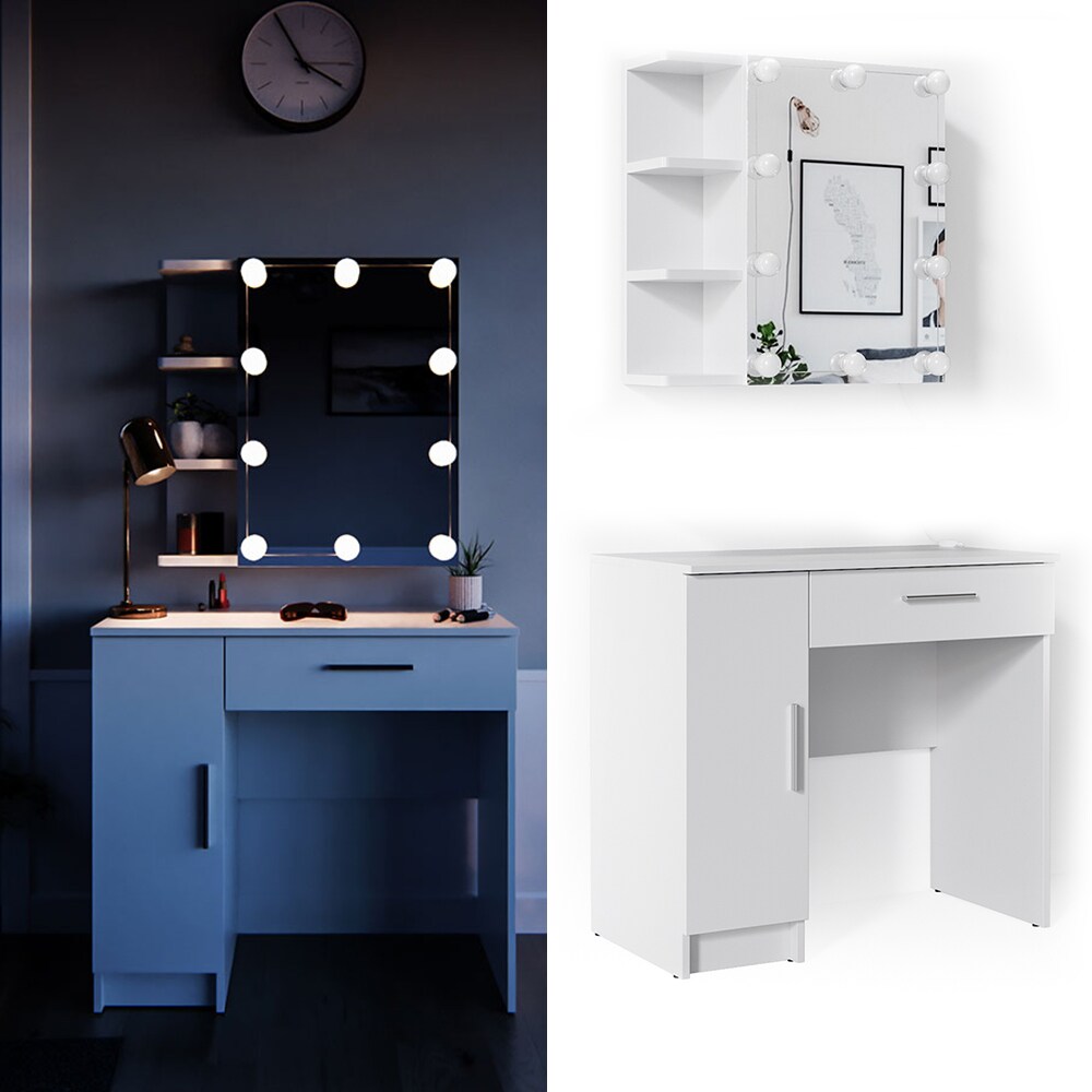 Vicco Schminktisch Fynnia Frisiertisch Kommode Frisierkommode Spiegel Wei&szlig; inklusive LED-Lichterkette - Bild 1