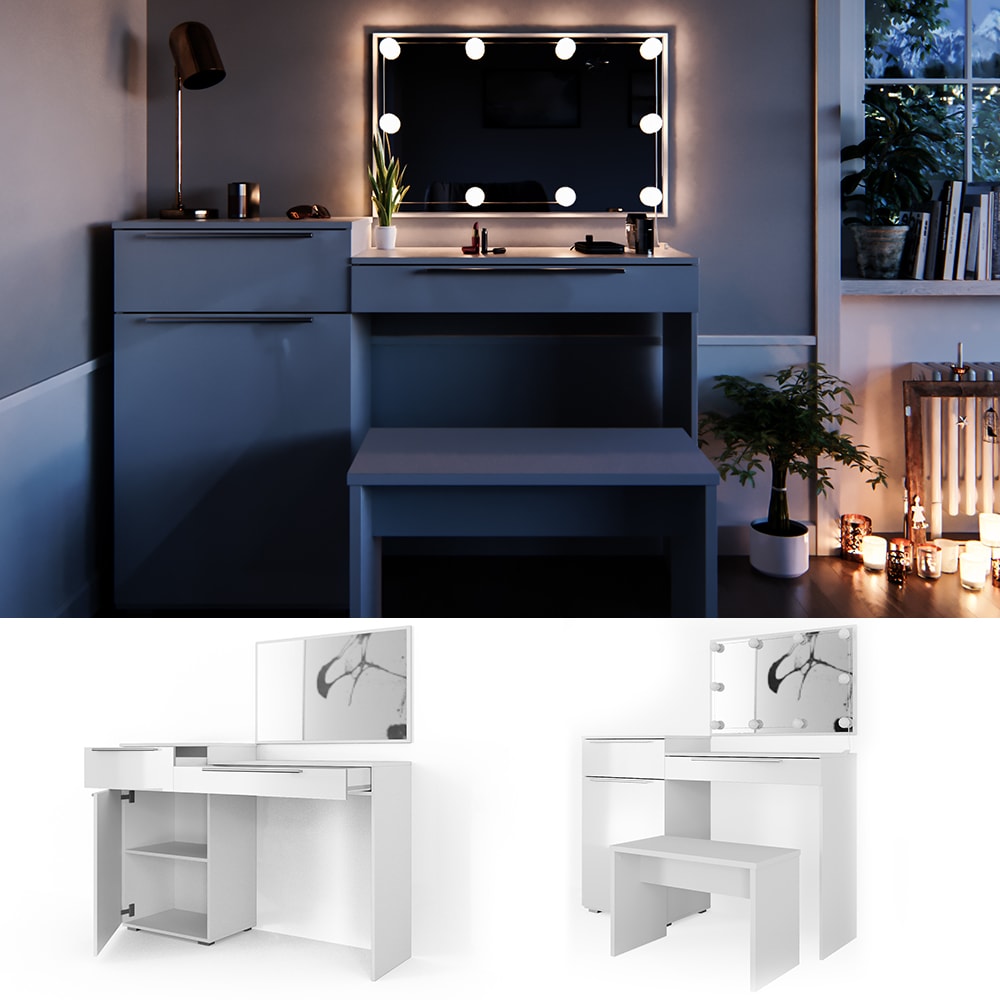 Vicco Schminktisch Little Lilli Frisiertisch Kommode Frisierkommode Spiegel Wei&szlig; inklusive Bank und LED-Lichterkette - Bild 1