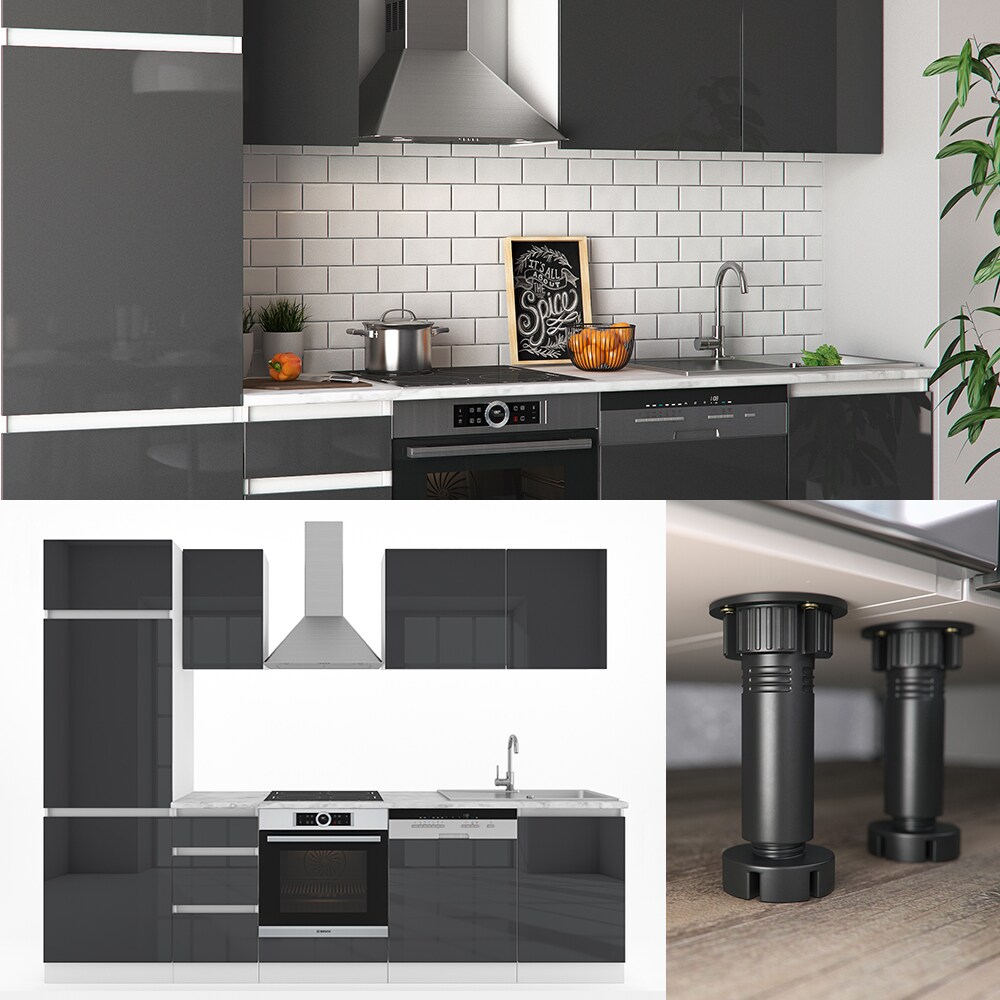 VICCO K&Uuml;CHE 270 CM K&Uuml;CHENZEILE K&Uuml;CHENBLOCK EINBAUK&Uuml;CHE &ndash; ANTHRAZIT HOCHGLANZ - Bild 1