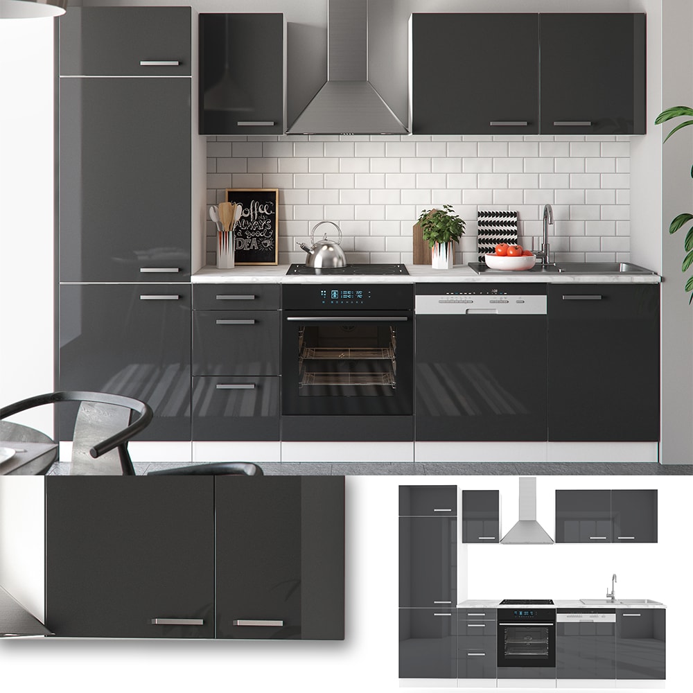 Vicco K&uuml;che 270 cm K&uuml;chenzeile K&uuml;chenblock Einbauk&uuml;che  Anthrazit Hochglanz - Bild 1