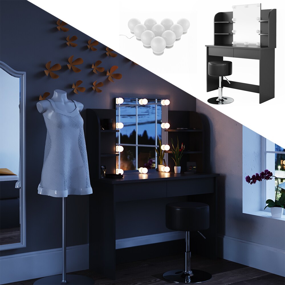 Vicco Schminktisch Charlotte Frisiertisch Kommode Frisierkommode Spiegel Schwarz inklusive Hocker und LED-Lichterkette - Bild 1