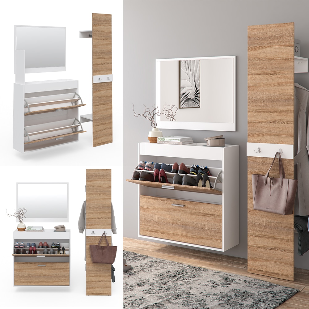 Vicco Flurgarderobe San Remo Garderoben Set Spiegel Schuhschrank Wandpaneel Flur Wei&szlig; Sonoma - Bild 1