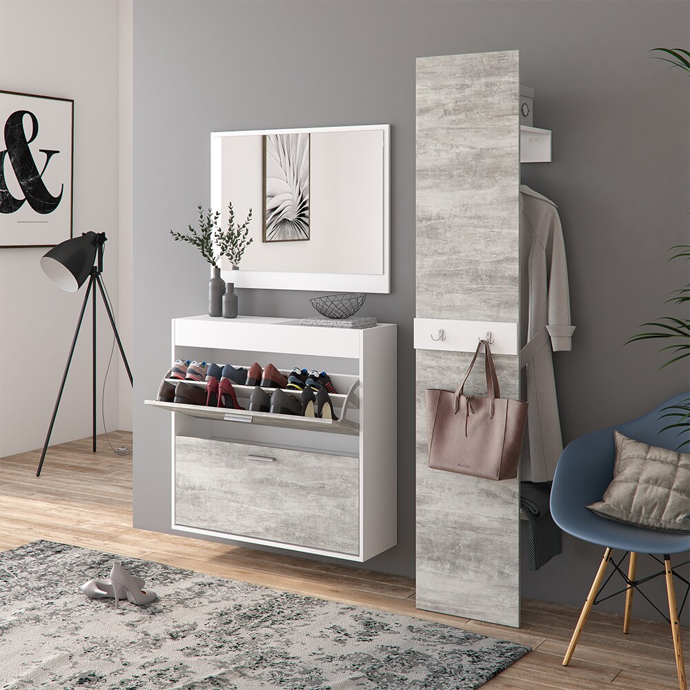 Vicco Flurgarderobe San Remo Garderoben Set Spiegel Schuhschrank Wandpaneel Flur Wei&szlig; Beton - Bild 1