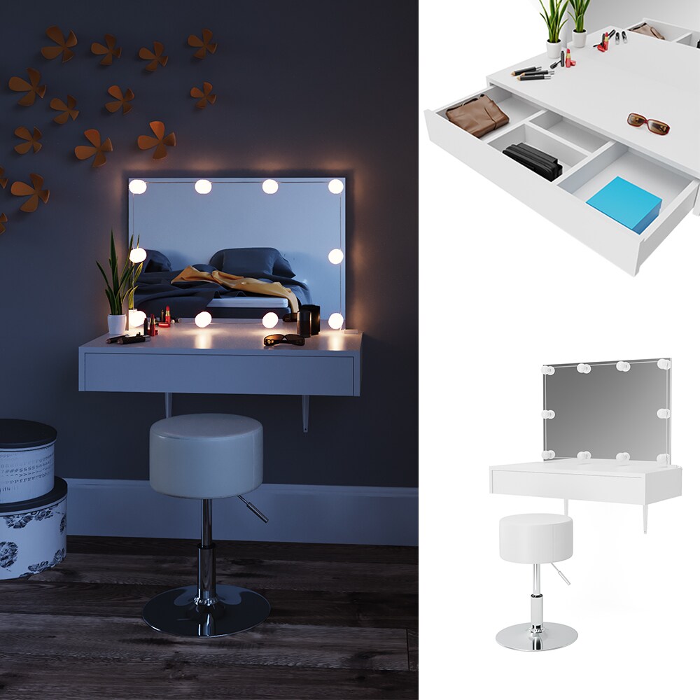 Vicco Schminktisch Alessia Frisiertisch Kommode Frisierkommode Spiegel Wei&szlig; inklusive Hocker und LED-Lichterkette - Bild 1