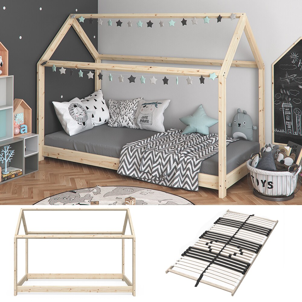 VitaliSpa Kinderbett Wiki Spielbett unbehandelt Hausbett Kinderhaus Natur 90x200 cm + Lattenrost - Bild 1