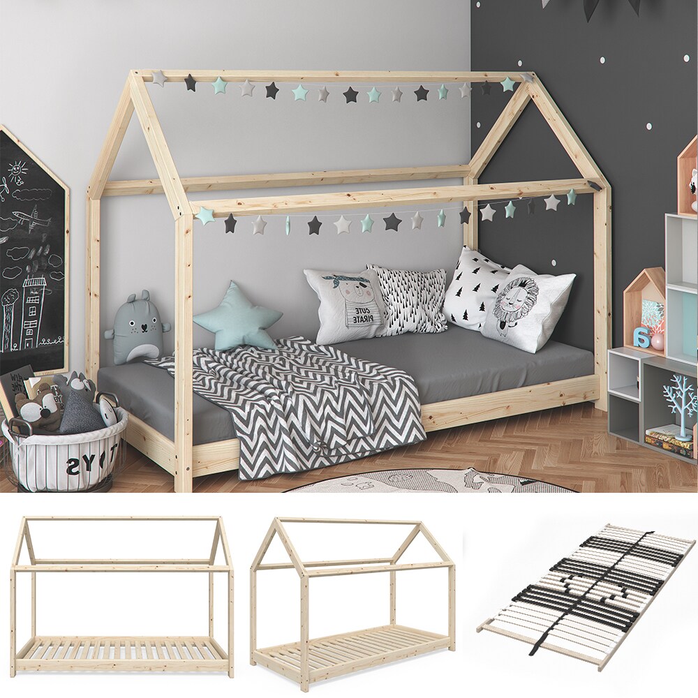 VitaliSpa Kinderbett Wiki Spielbett unbehandelt Hausbett Kinderhaus Natur 90x200 cm + Lattenrost + Schub - Bild 1