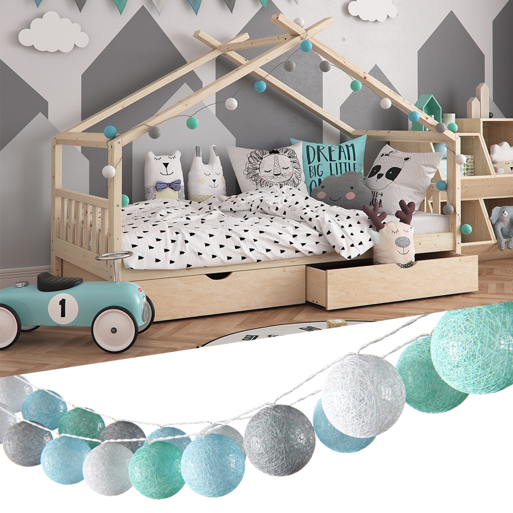 VICCO Lichterkette Cotton Balls Girlande grau wei&szlig; mint-gr&uuml;n hellblau 310 cm - Bild 1