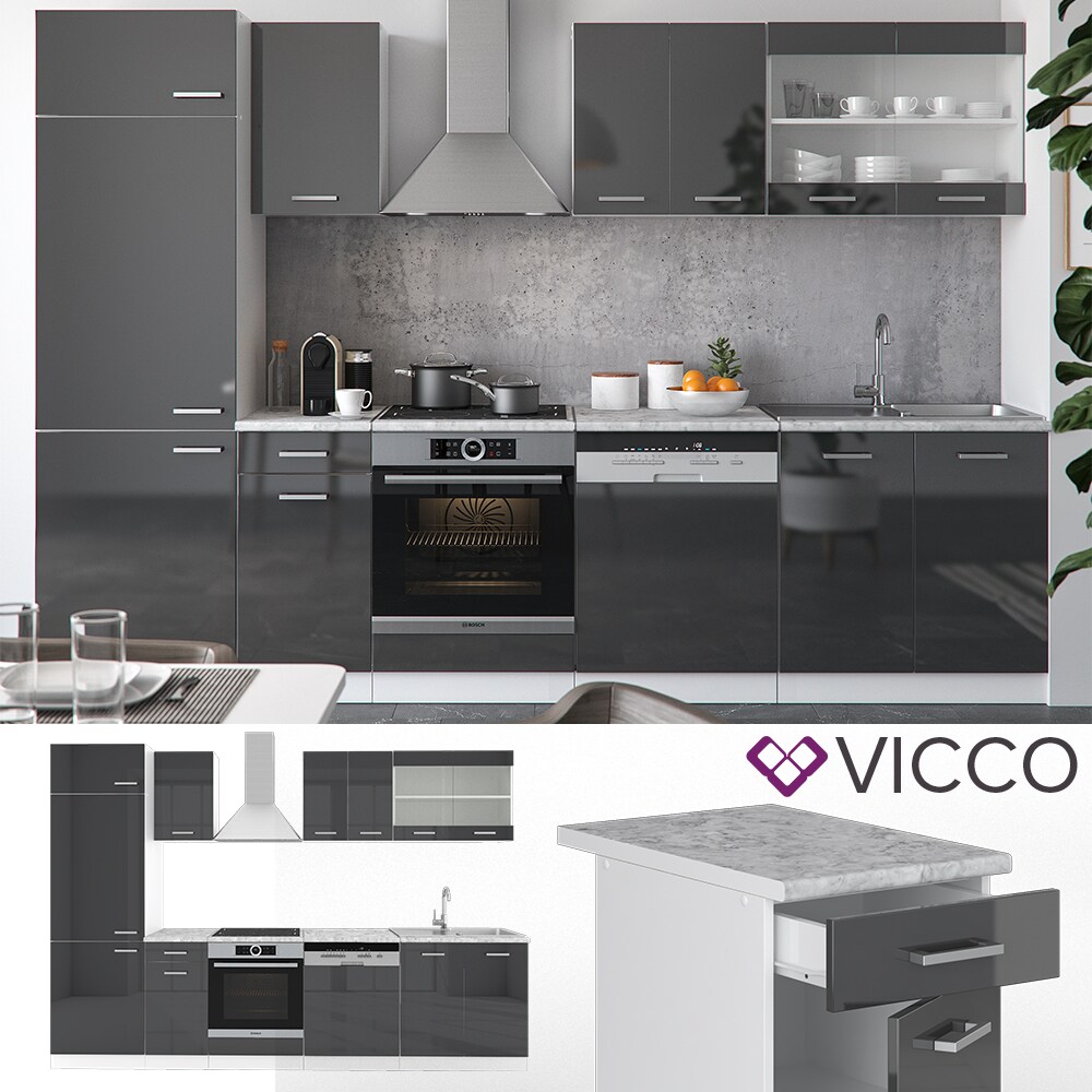 VICCO KÜCHE R-LINE 300CM KÜCHENZEILE KÜCHENBLOCK EINBAUKÜCHE ANTHRAZIT HOCHGLANZ