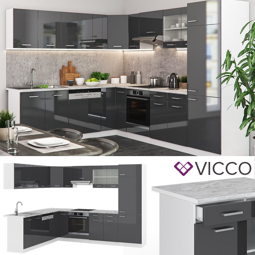 VICCO KÜCHENZEILE R-LINE ECKKÜCHE WINKEL KÜCHE EINBAUKÜCHE ANTHRAZIT HOCHGLANZ