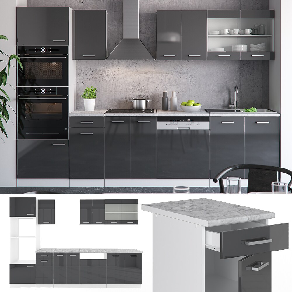 VICCO K&Uuml;CHE R-LINE 300CM K&Uuml;CHENZEILE K&Uuml;CHENBLOCK EINBAUK&Uuml;CHE ANTHRAZIT HOCHGLANZ - Bild 1