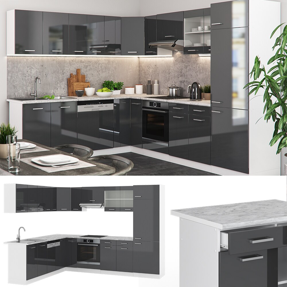 VICCO K&Uuml;CHENZEILE R-LINE ECKK&Uuml;CHE WINKEL K&Uuml;CHE EINBAUK&Uuml;CHE ANTHRAZIT HOCHGLANZ - Bild 1