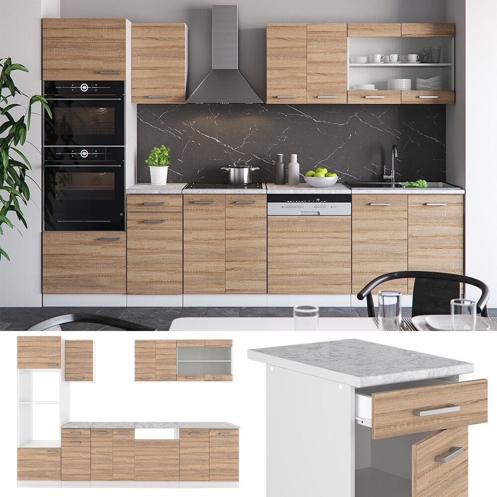 VICCO KÜCHE R-LINE 300 CM KÜCHENZEILE KÜCHENBLOCK EINBAUKÜCHE – SONOMA EICHE