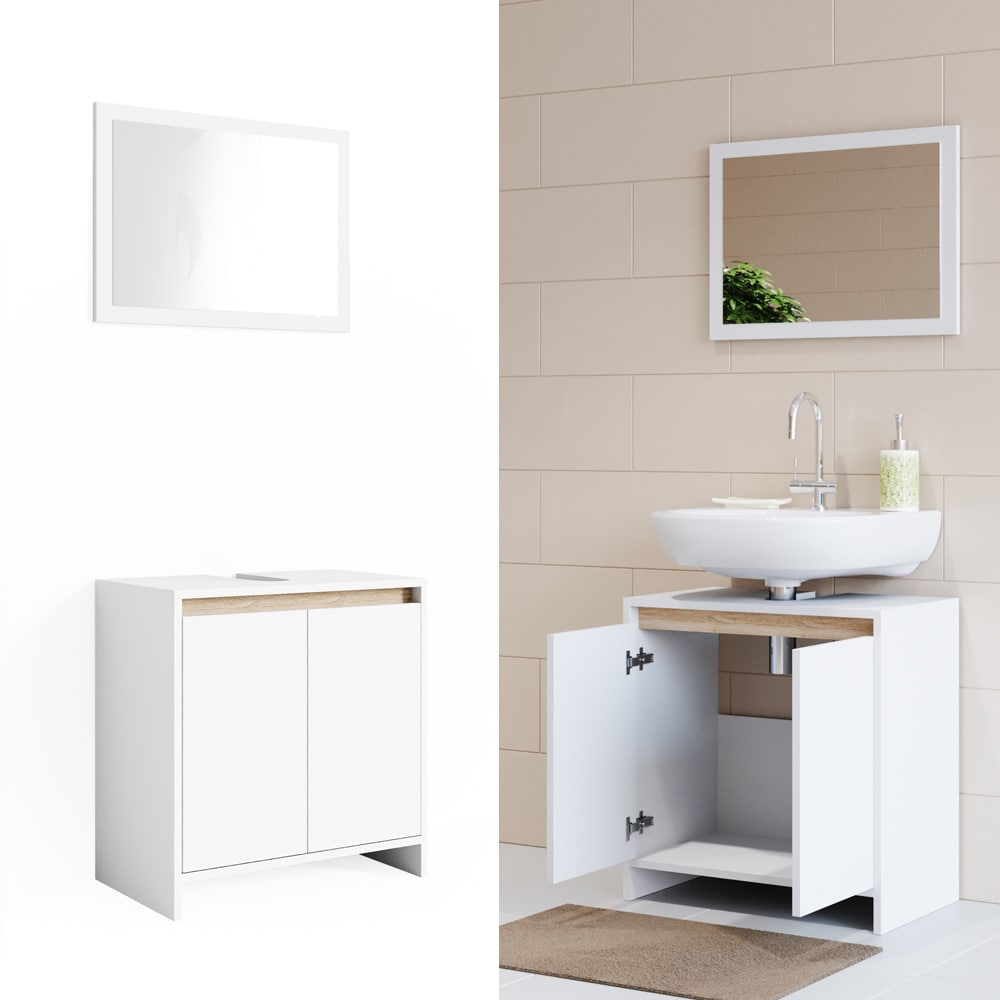VICCO Badm&ouml;bel Set EMMA Wei&szlig; Sonoma Eiche - Spiegel Waschtischunterschrank - Bild 1