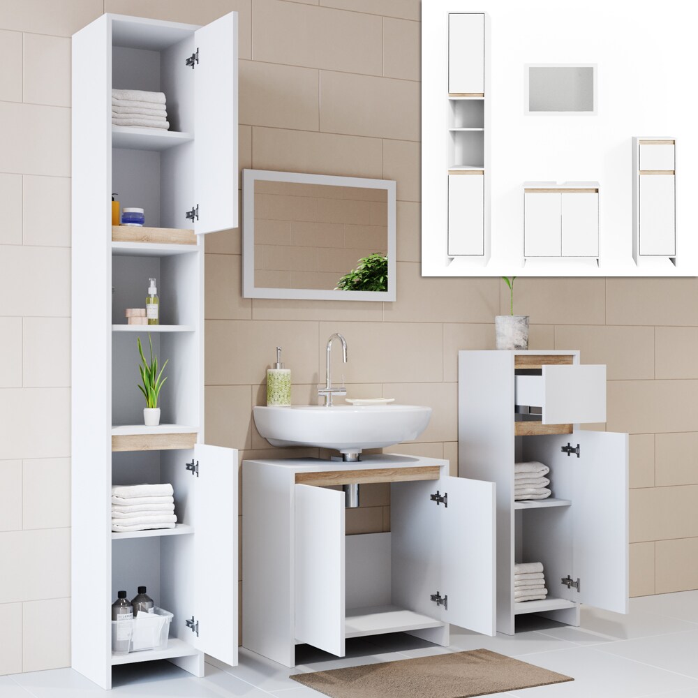 VICCO Badmöbel Set EMMA Weiß Sonoma Eiche Spiegel Unterschrank Hochschrank Midi | 04251421931541