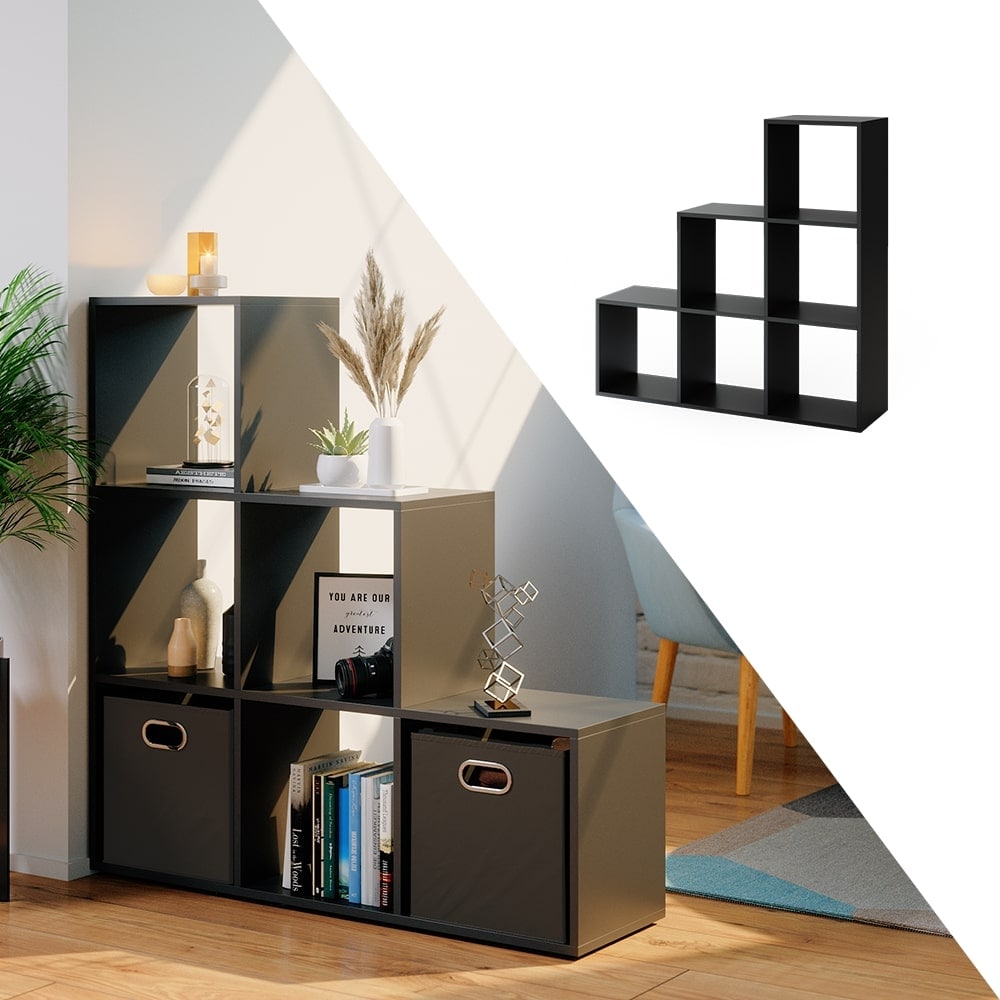 VICCO Treppenregal 6 F&auml;cher Schwarz- Raumteiler Stufenregal B&uuml;cherregal B&uuml;roregal Standregal - Bild 1