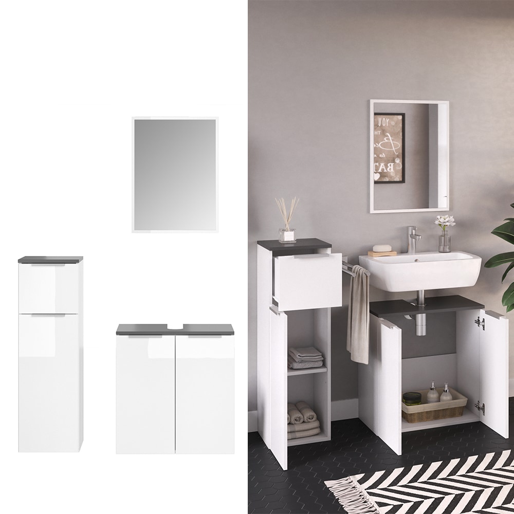 VICCO Badm&ouml;bel-Set OTIS Wei&szlig; - Waschtischunterschrank Midischrank Spiegel - Bild 1