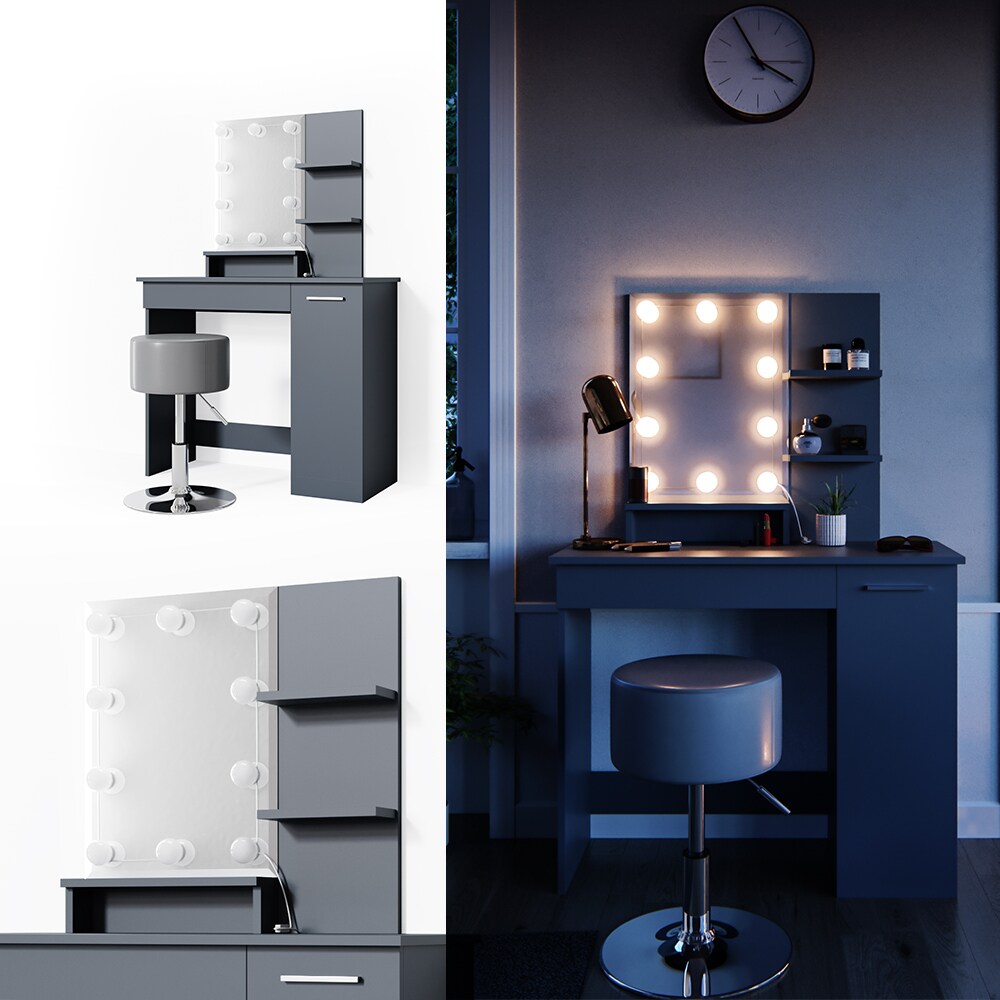Vicco Schminktisch Julia Frisiertisch Kommode Frisierkommode Spiegel Anthrazit inklusive Hocker und LED-Lichterkette - Bild 1