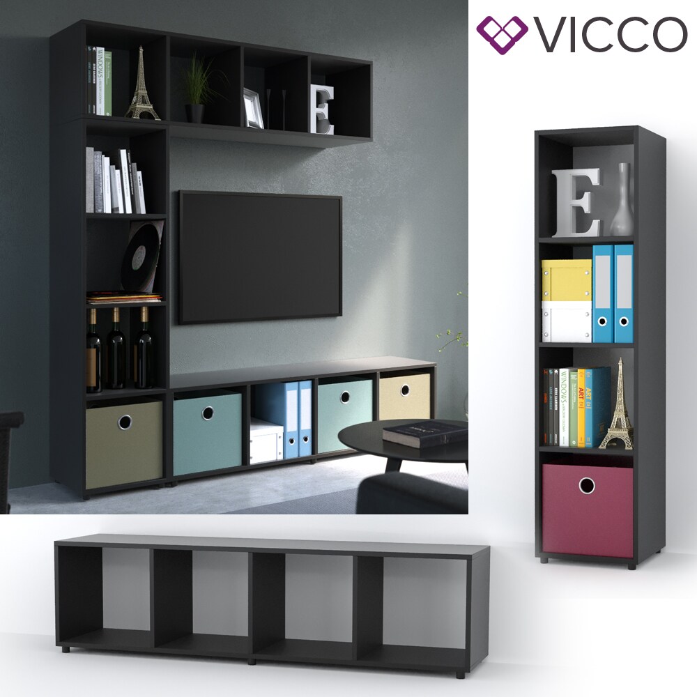 Vicco Raumteiler 4 Fächer Schwarz 144 x 36 cm – Standregal Hängeregal Regal TV Lowboard Sideboard | 04251421934528