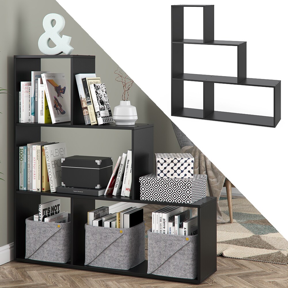 VICCO Treppenregal  ASYM Raumteiler Schwarz 4 Fach Bücherregal Standregal Aktenregal Regal | 04251421933873