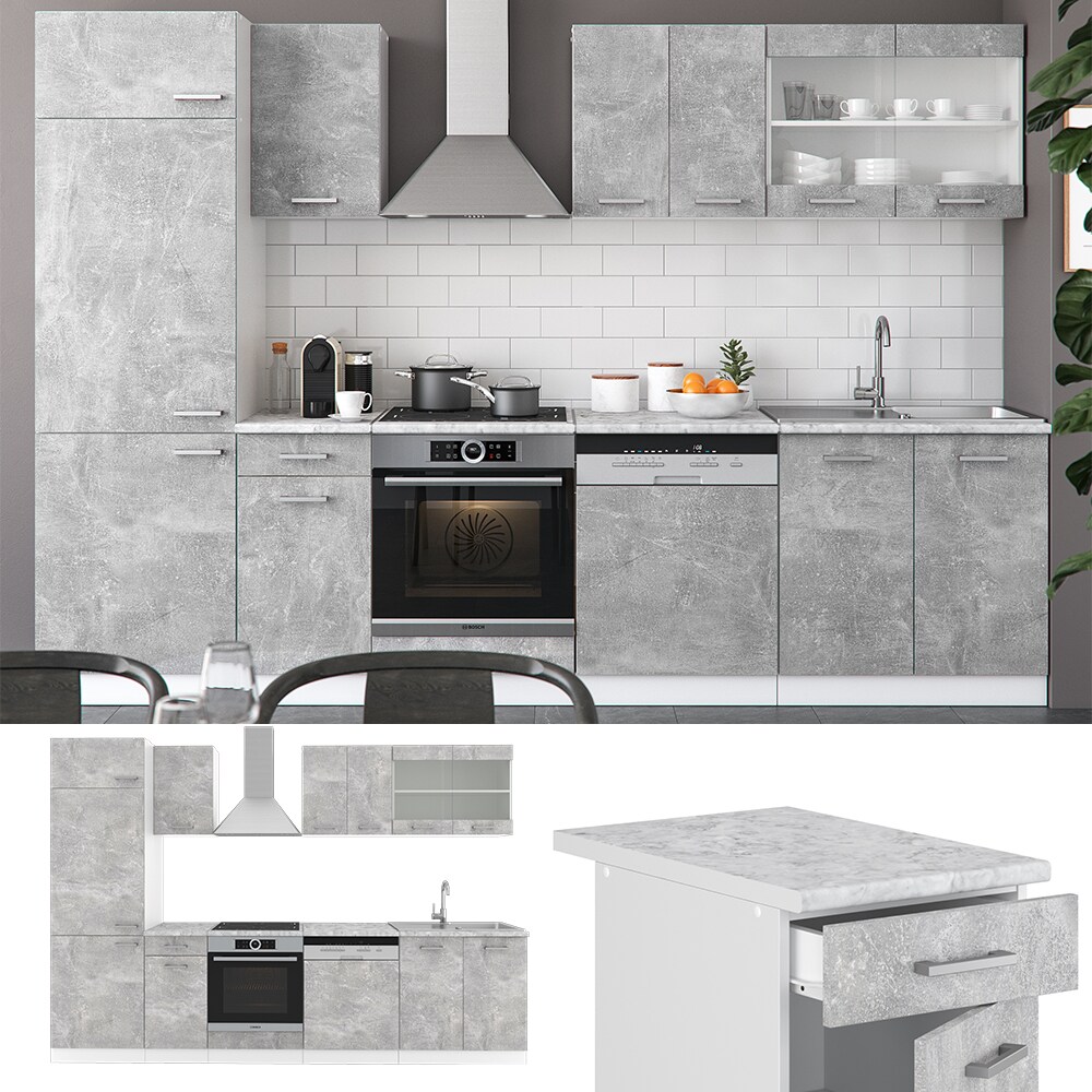 VICCO KÜCHE R-LINE 300 CM KÜCHENZEILE KÜCHENBLOCK EINBAUKÜCHE BETON OHNE ARBEITSPLATTEN