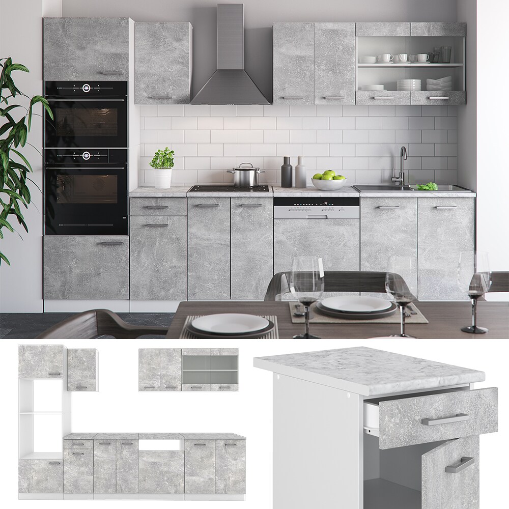 VICCO KÜCHE R-LINE 300 CM KÜCHENZEILE KÜCHENBLOCK EINBAUKÜCHE BETON OHNE ARBEITSPLATTEN