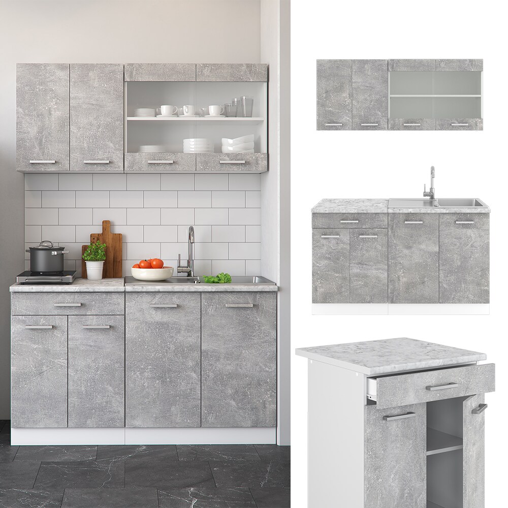 VICCO Küchenzeile SINGLE Einbauküche 140 cm Küche Beton R-LINE