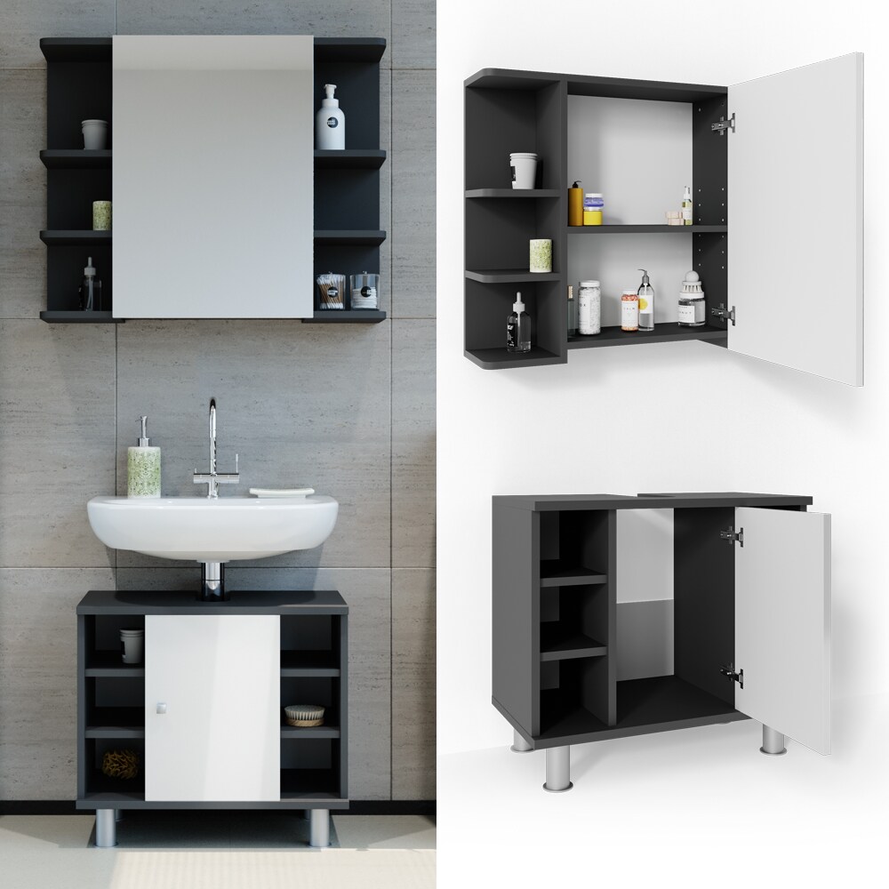 VICCO Badm&ouml;bel Set FYNN 2 Teile Anthrazit Wei&szlig; - Badezimmer Spiegel Badunterschrank Bad Badschrank - Bild 1