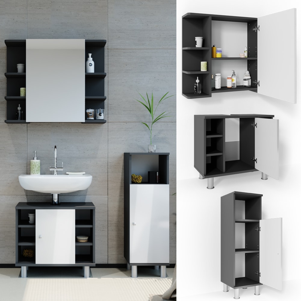 VICCO Badm&ouml;bel Set FYNN 3 Teile Anthrazit Wei&szlig; - Spiegel Waschbecken Unterschrank Beistellschrank - Bild 1