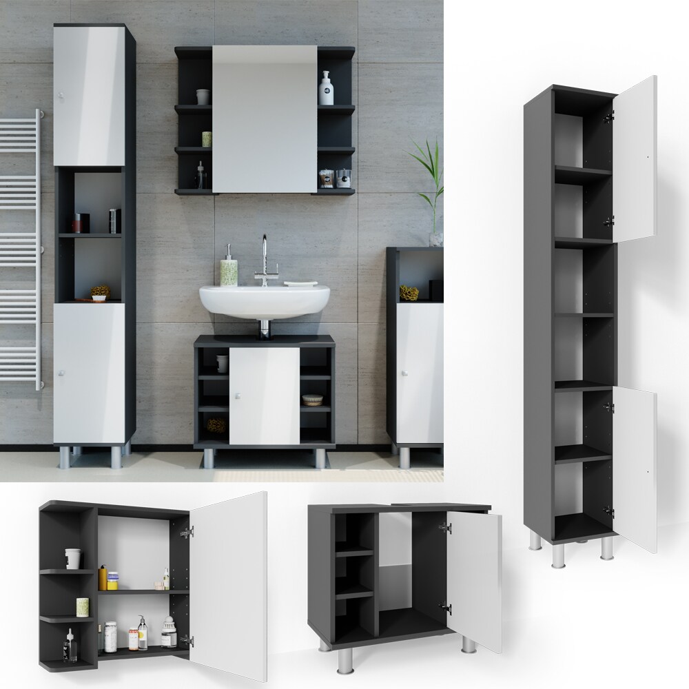 VICCO Badmöbel Set FYNN 3 Teile Anthrazit Weiß - Badezimmer Spiegel Badunterschrank Hochschrank