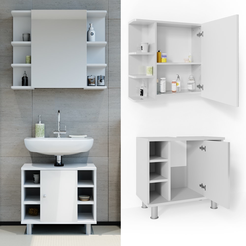 VICCO Badm&ouml;bel Set FYNN 2 Teile Wei&szlig; Hochglanz - Badezimmer Spiegel Badunterschrank Bad Badschrank - Bild 1