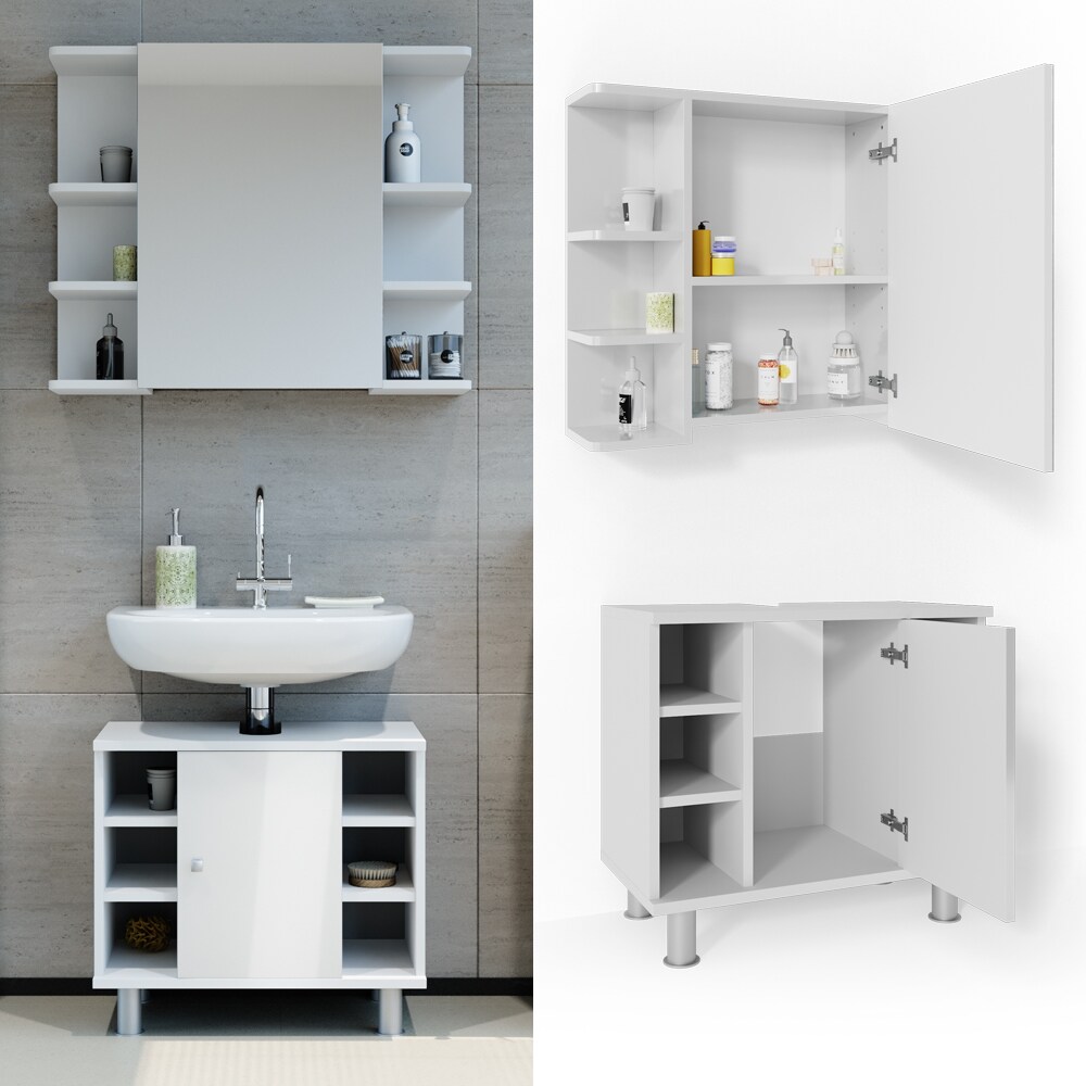 VICCO Badmöbel Set FYNN 2 Teile Weiß Hochglanz – Badezimmer Spiegel Badunterschrank Bad Badschrank | 04251421933606