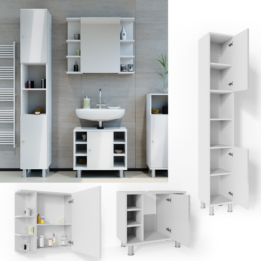 VICCO Badm&ouml;bel Set FYNN 3 Teile Wei&szlig; Hochglanz - Badezimmer Spiegel Badunterschrank Hochschrank - Bild 1