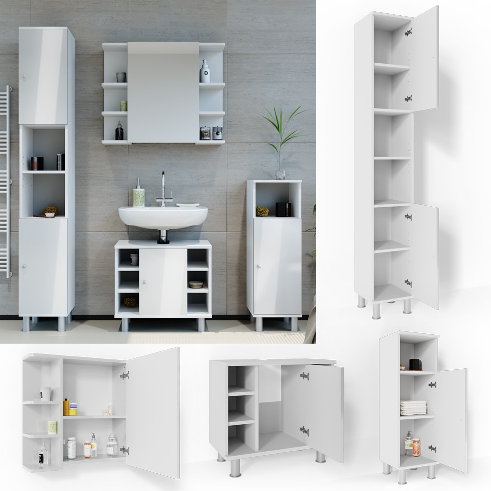 VICCO Badm&ouml;bel Set FYNN 4 Teile Wei&szlig; Hochglanz - Badspiegel Waschbeckenunterschrank Badschrank - Bild 1