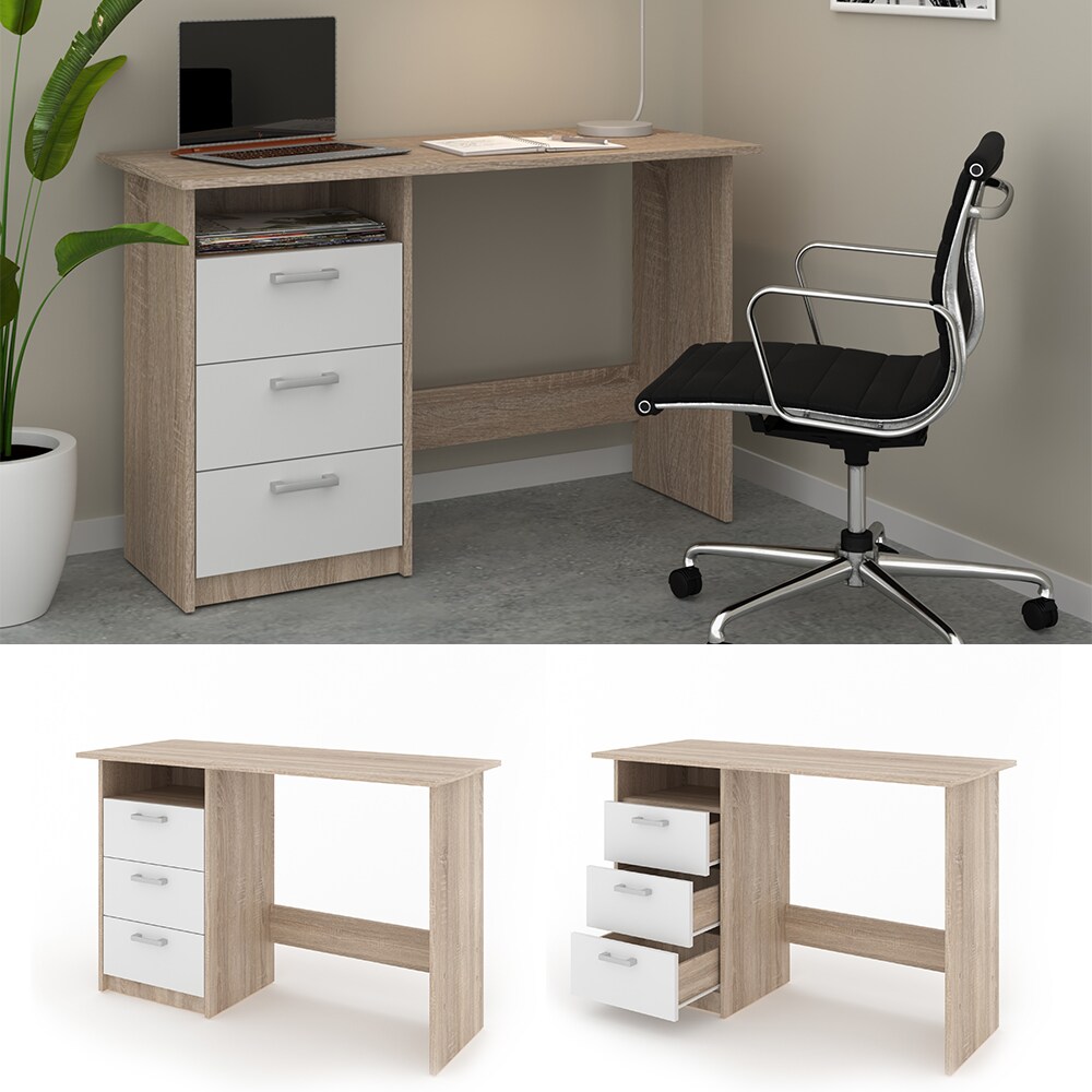 VICCO Schreibtisch MEIKO Wei&szlig; Sonoma Eiche Arbeitstisch B&uuml;rotisch Regal PC Tisch - Bild 1